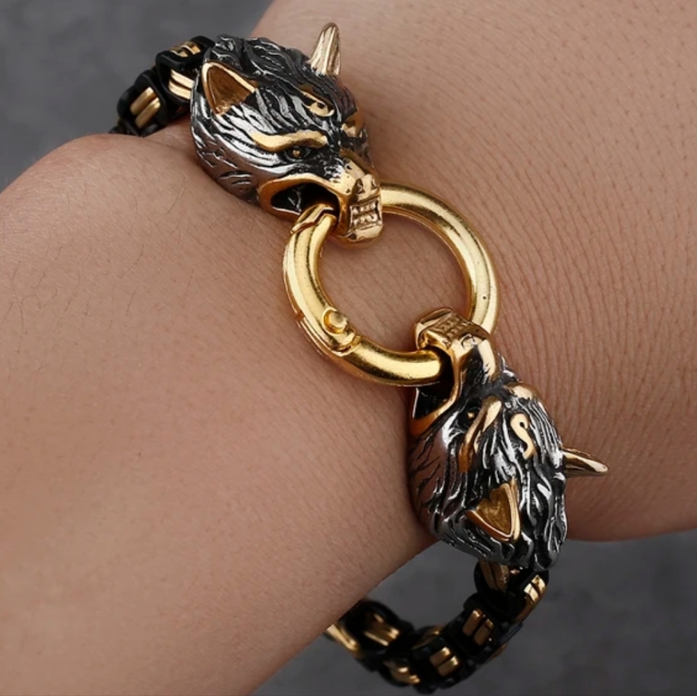 New! MEN'S Black & Gold 5mm Byzantine Wolf Bracelet. 8"